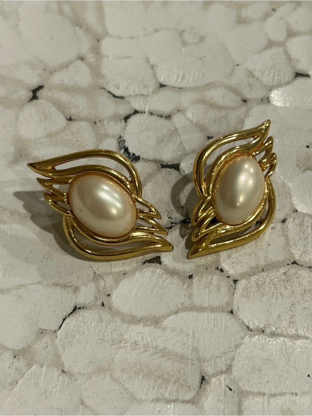 Trifari Signed Gold-Tone Pierced Earrings with Faux Ivory Pearl Centers Vintage